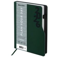 Ежедневник датированный 2026, А5, 150x213 мм, BRAUBERG "Up", под кожу, софт-тач, держатель для ручки, зеленый, 117117