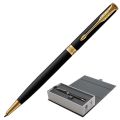 Ручка шариковая PARKER "Sonnet Slim GT", тонкий корпус черный лак, латунь, позолоченные детали, черная, 1931520